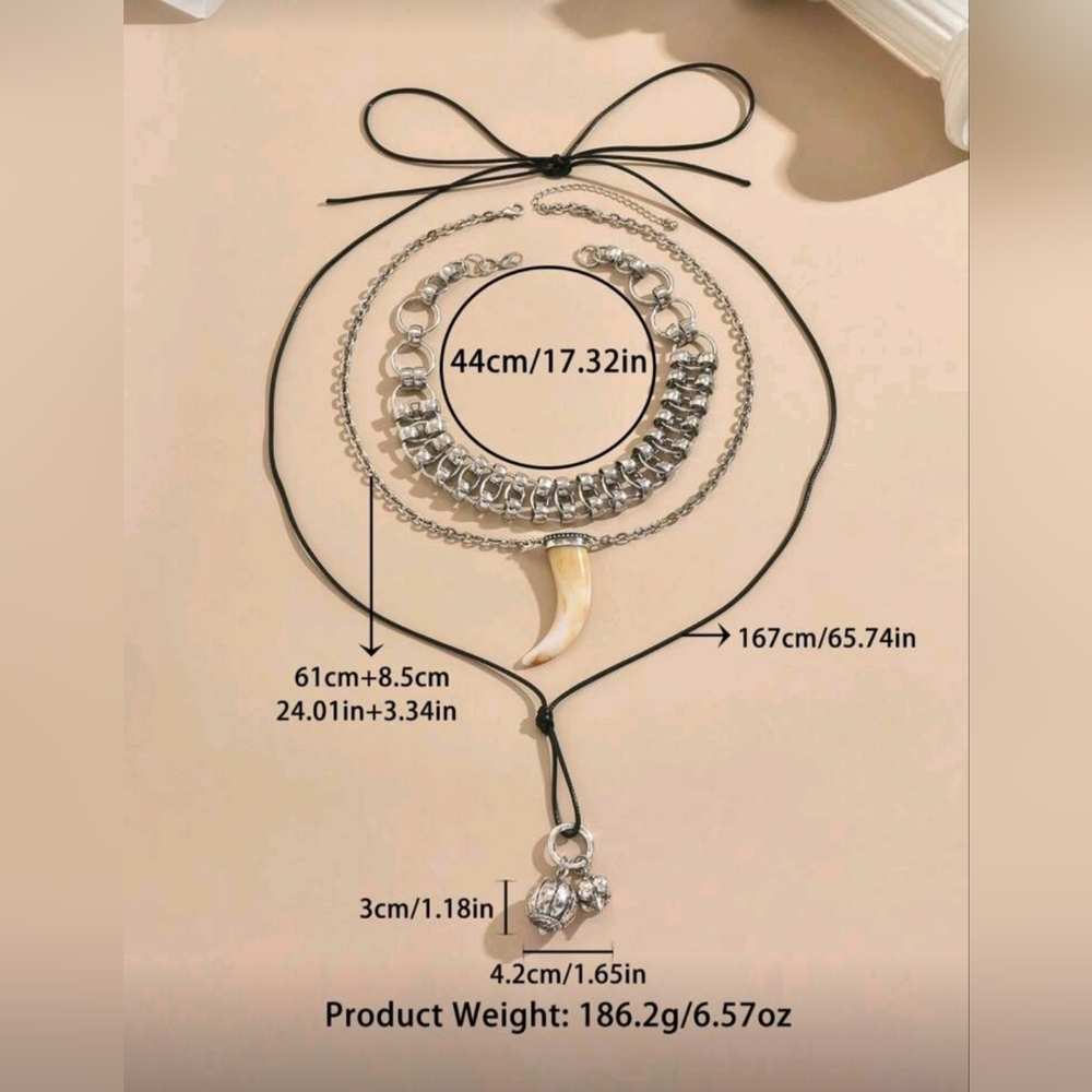 NWT Multilayer Stacked Link Choker Animal Horn & Leather Pendant Silver Necklace - Picture 14 of 15